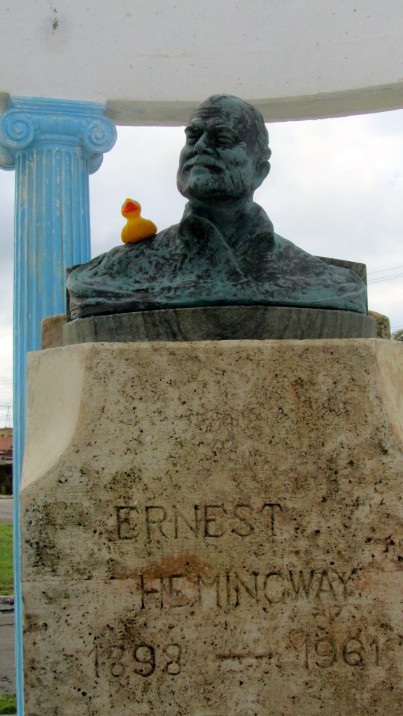 Zeb the Duck on Hemingway's shoulder