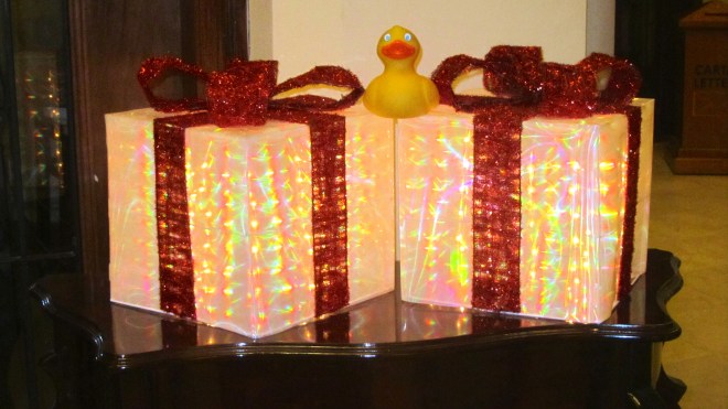 Wrapped gifts in our hotel lobby.  For Zeb?