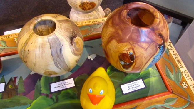 Beetle kill pine vase and juniper vase with turquoise