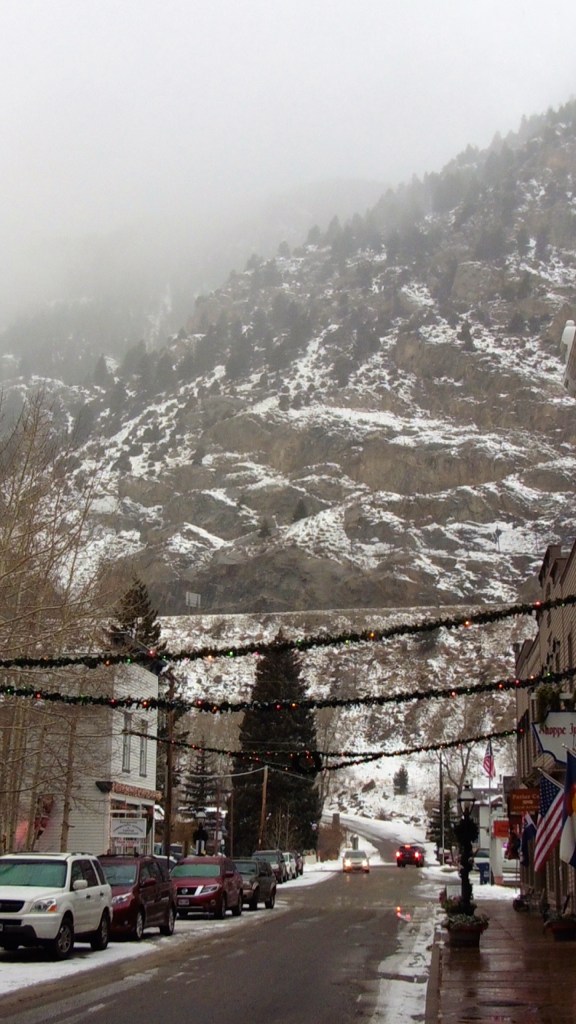 Looking down main street at mountains