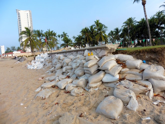 Sand bags to protect resort.