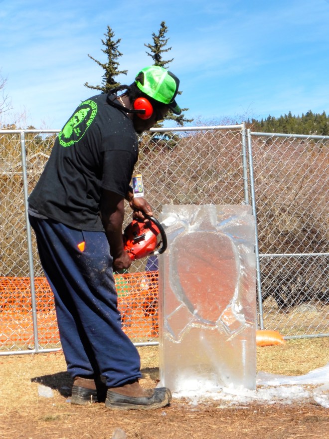 Ice sculpting starts with a block of ice and a chain saw