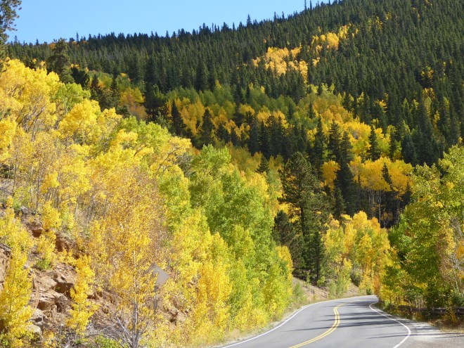 Driving we appreciate the colors and the vivid blue Colorado sky