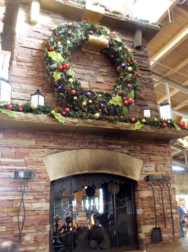 Decorated fireplace in food court