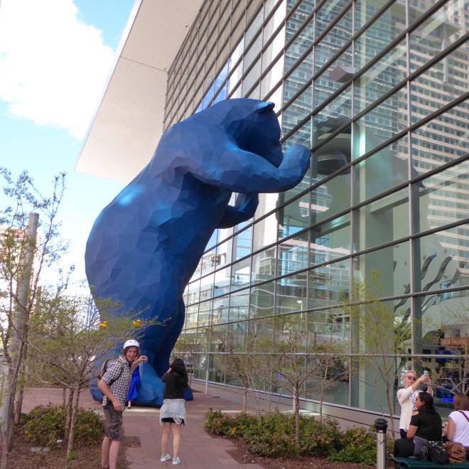 Ducks in the tree watching the Big Blue Bear