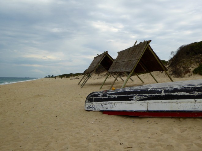 Zeb on the boat in front of picnic shelters