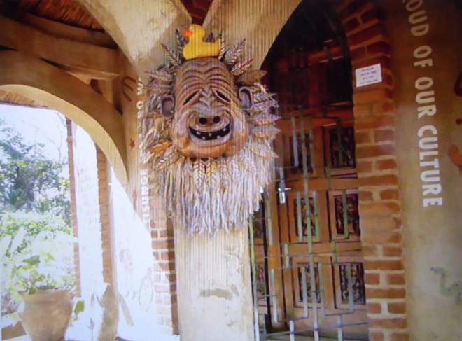 Mask at museum entrance