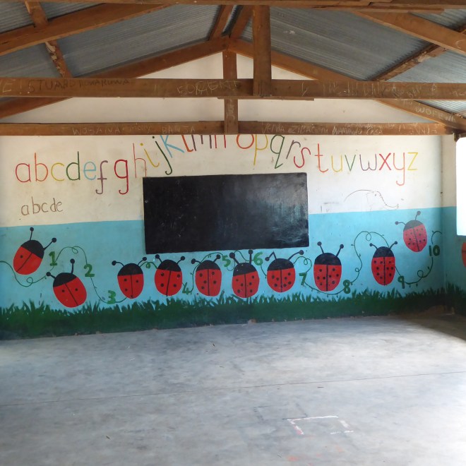 Classroom painted with alphabet and lady bugs, helping to count to 10