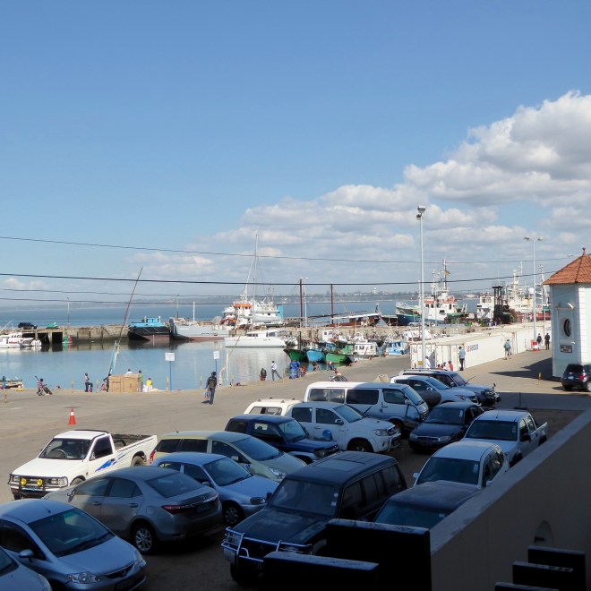 Leaving the Fort, Maputo Bay sparkles in the sun.