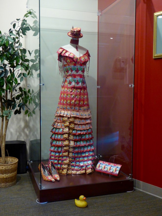 Dress, shoes, purse and hat all made from Celestial Seasonings tea packages.