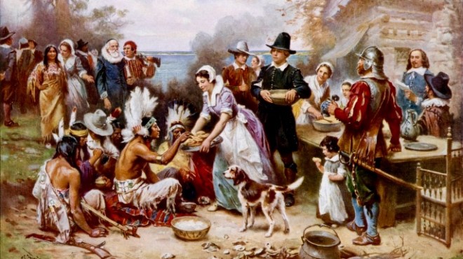 American pilgrims and Native American Indians sharing and celebrating 