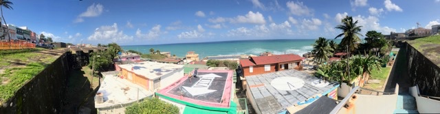 Panorama with markings on building roofs